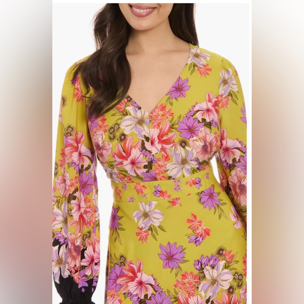 Mustard Gold Floral Dress with Purple, Pink, & Black Accents Long Sleeve Size 10 - Picture 3 of 5